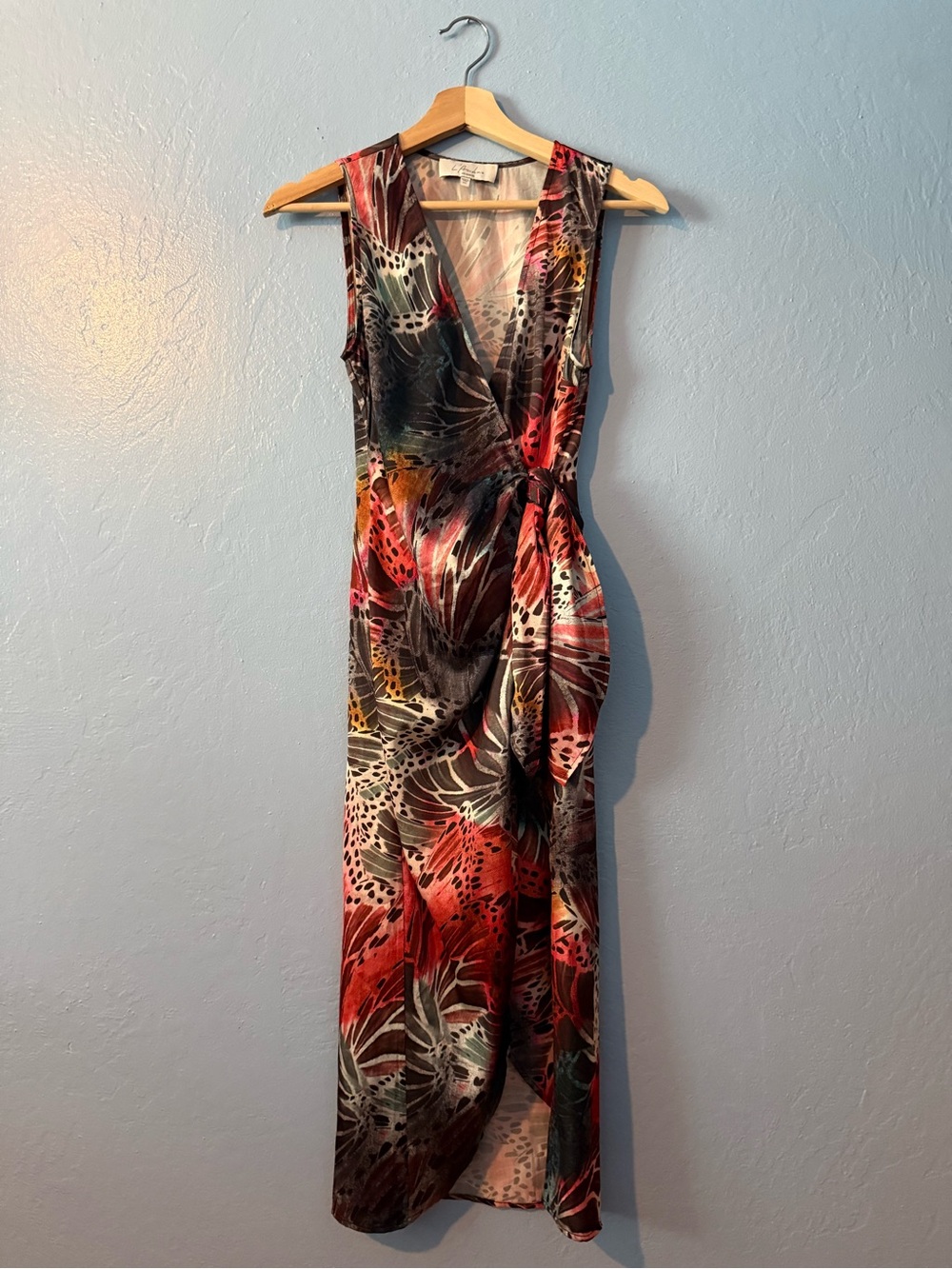 Sleeveless V-Neck Midi Dress in Red Butterfly Multi Abstract Print